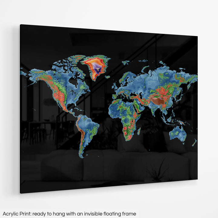 A colourful Grasshopper Geography map hanging on a white wall. The text at the bottom reads: Acrylic print - ready to hang with an invisible floating frame.