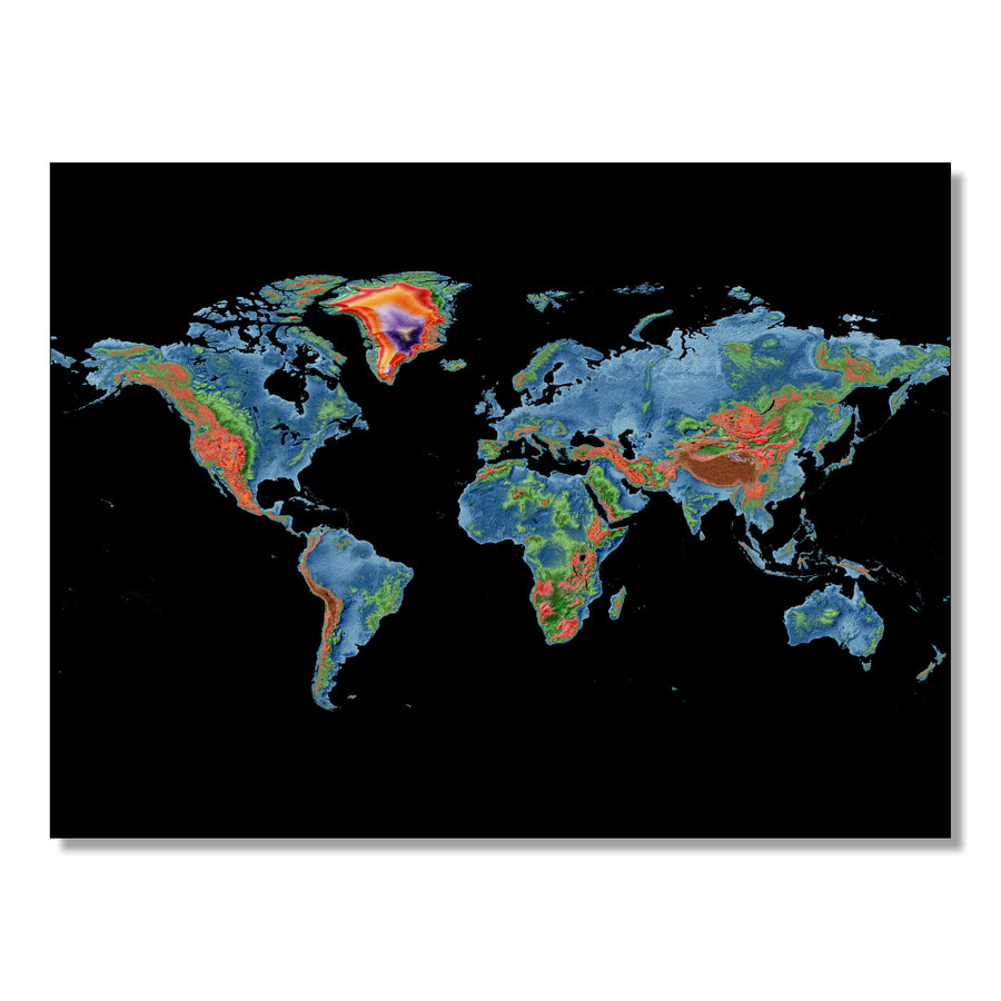 The World - Elevation map, black - Wall Art by Grasshopper Geography. Image of a high-resolution map created by geographer Robert Szucs, available as wall art and for licensing.