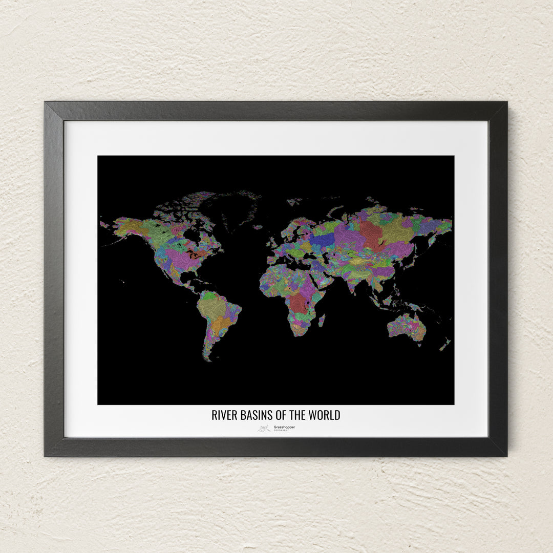 A colorful Grasshopper Geography river map on a light wall. The premium fine art poster is in a black frame with a white border. The name of the country, continent or region is printed under the image.