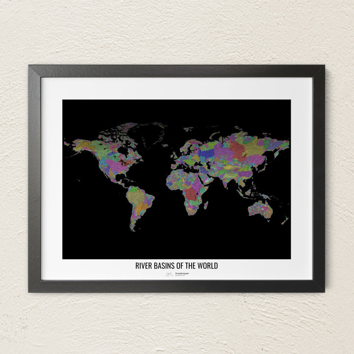 A colorful Grasshopper Geography river map on a light wall. The premium fine art poster is in a black frame with a white border. The name of the country, continent or region is printed under the image.