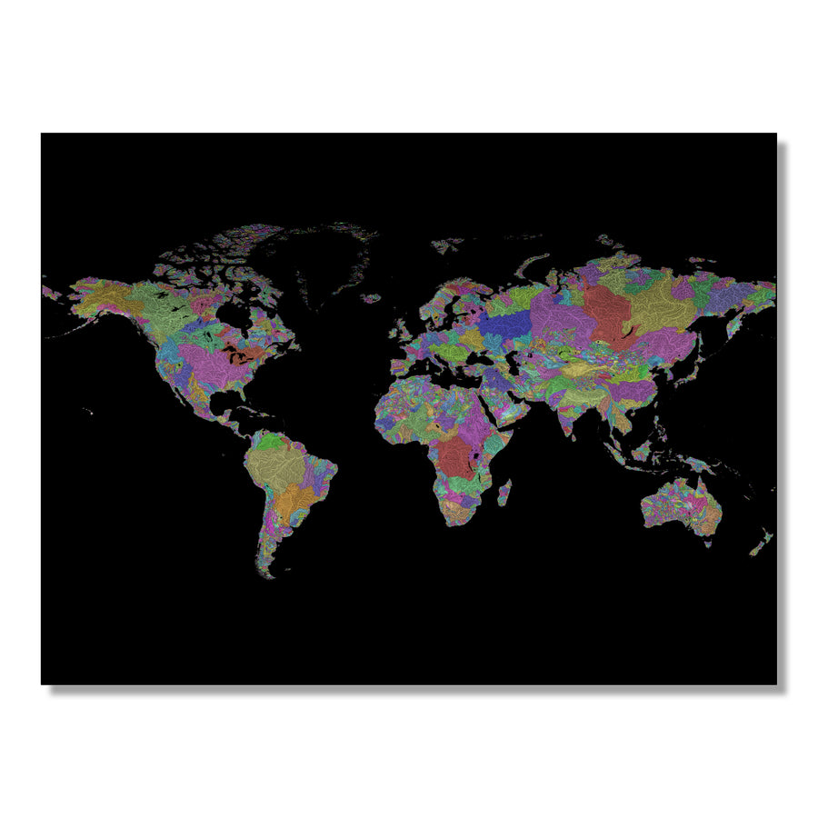 The World - River basin map, pastel colours - Wall Art by Grasshopper Geography. Image of a high-resolution map created by geographer Robert Szucs, available as wall art and for licensing.