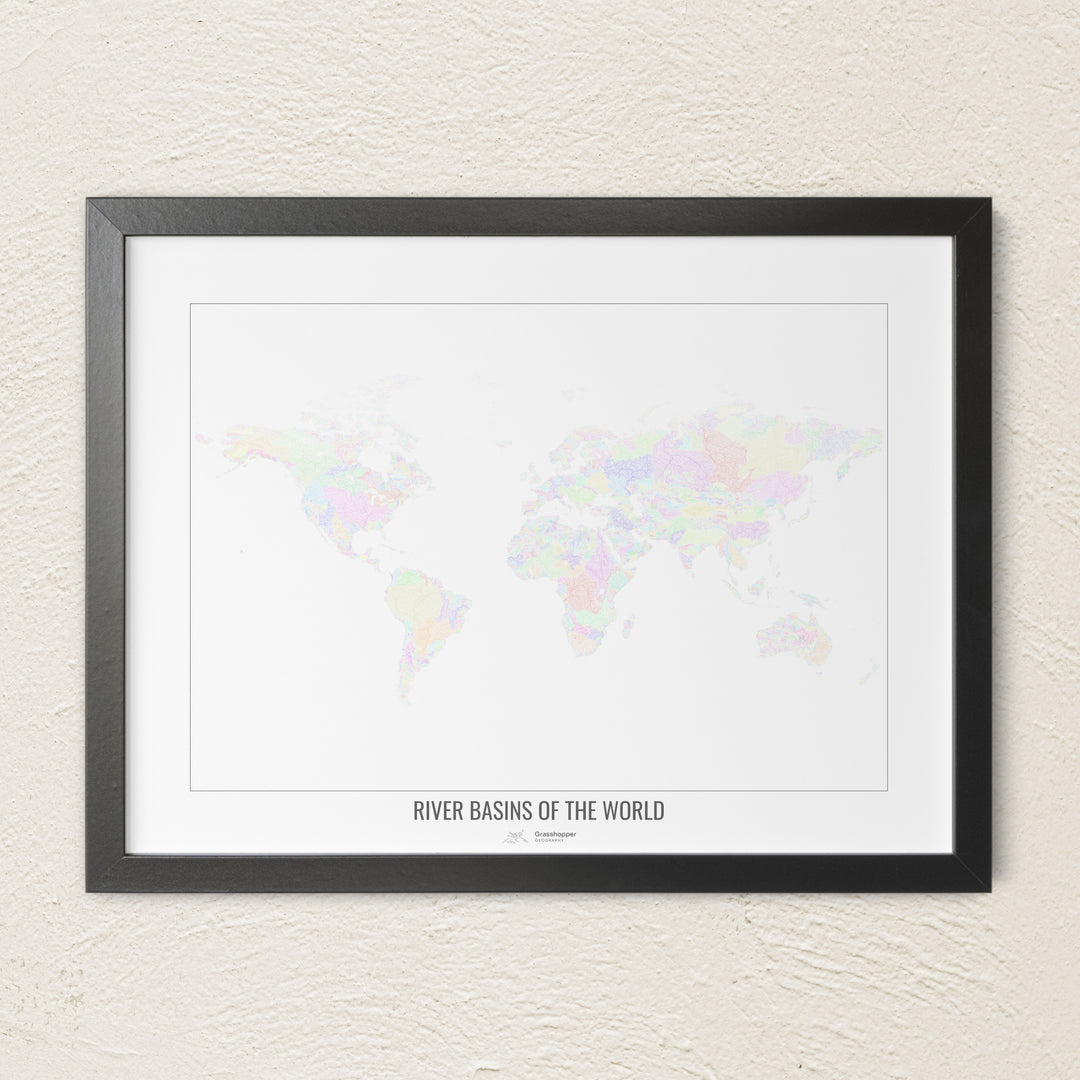 A colorful Grasshopper Geography river map on a light wall. The premium fine art poster is in a black frame with a white border. The name of the country, continent or region is printed under the image.