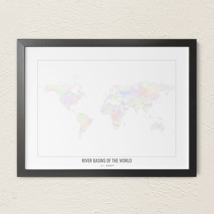 A colorful Grasshopper Geography river map on a light wall. The premium fine art poster is in a black frame with a white border. The name of the country, continent or region is printed under the image.