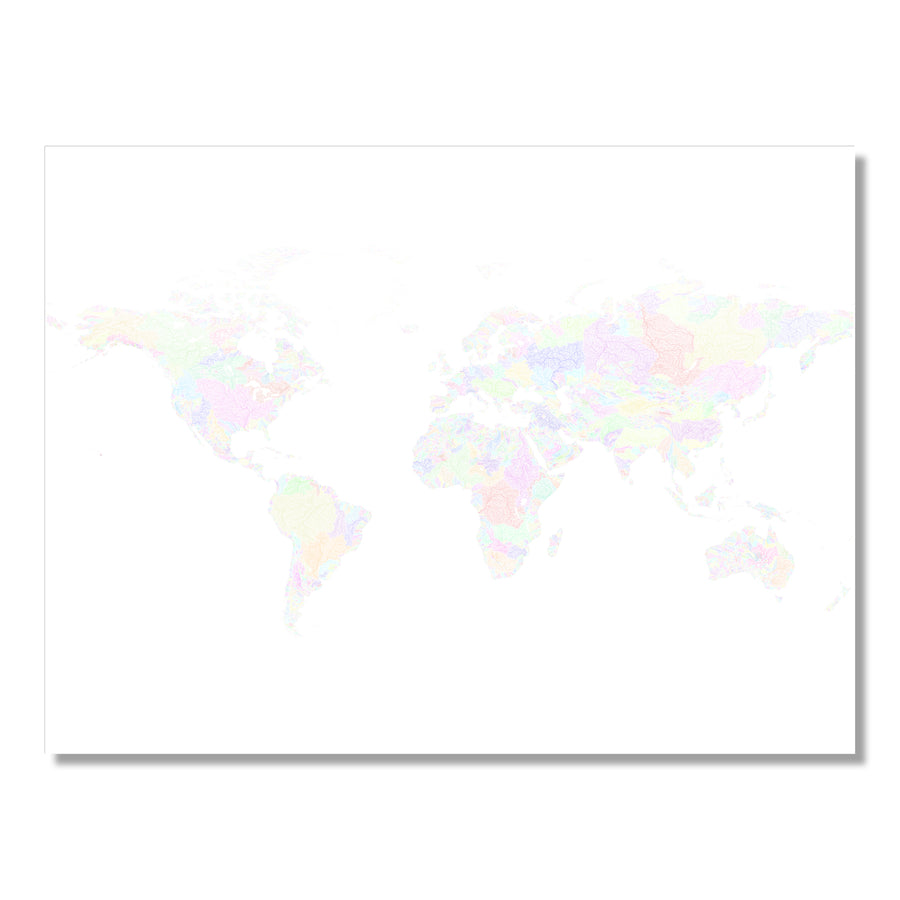 The World - River basin map, pastel colours on white - Wall Art by Grasshopper Geography. Image of a high-resolution map created by geographer Robert Szucs, available as wall art and for licensing.