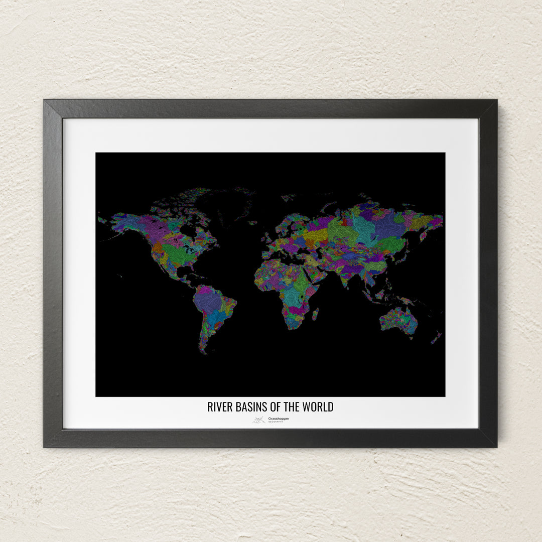 A colorful Grasshopper Geography river map on a light wall. The premium fine art poster is in a black frame with a white border. The name of the country, continent or region is printed under the image.