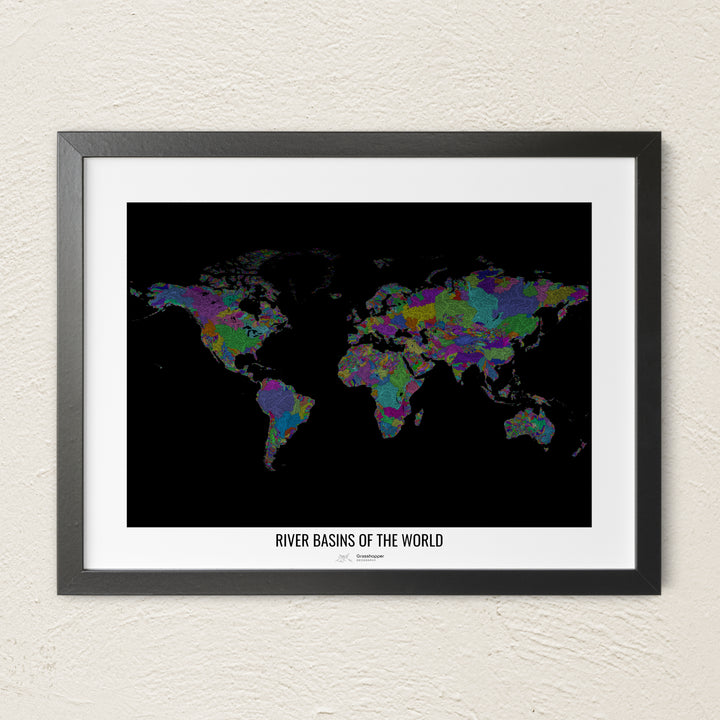 A colorful Grasshopper Geography river map on a light wall. The premium fine art poster is in a black frame with a white border. The name of the country, continent or region is printed under the image.