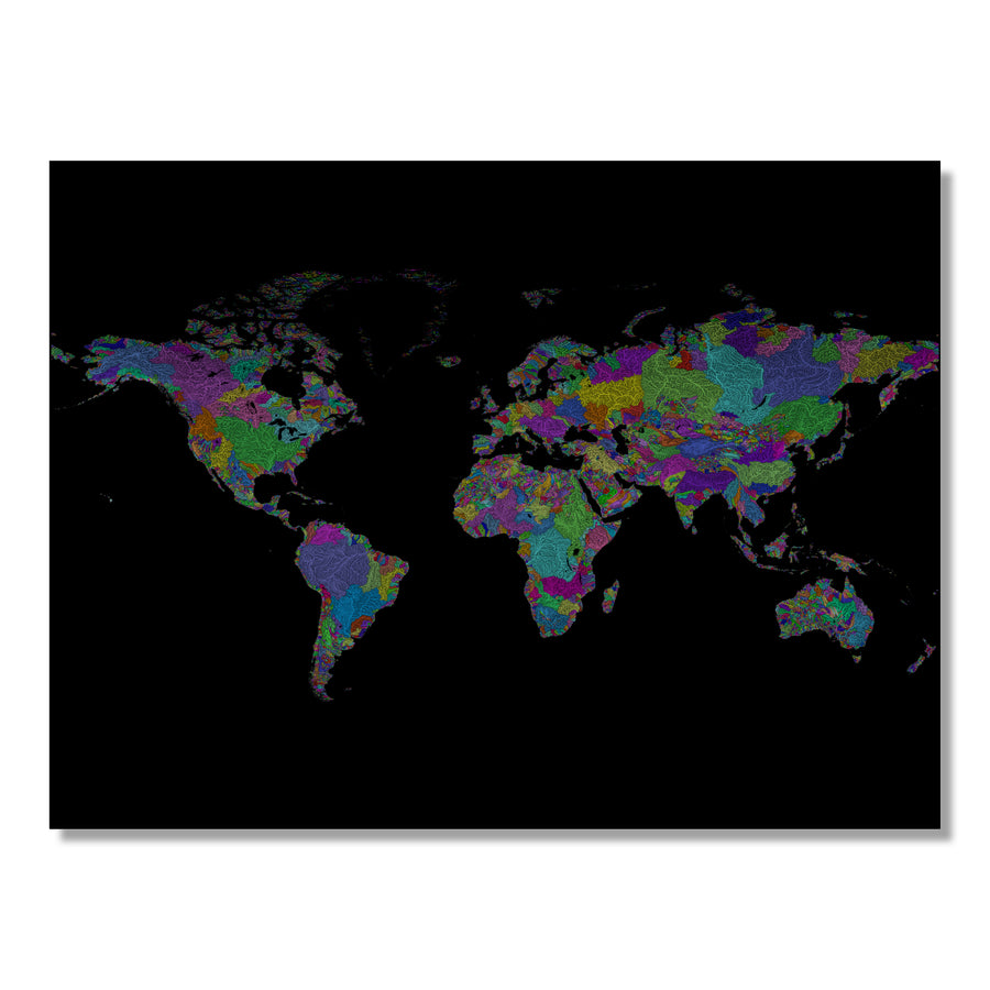 The World - River basin map, rainbow colours - Wall Art by Grasshopper Geography. Image of a high-resolution map created by geographer Robert Szucs, available as wall art and for licensing.