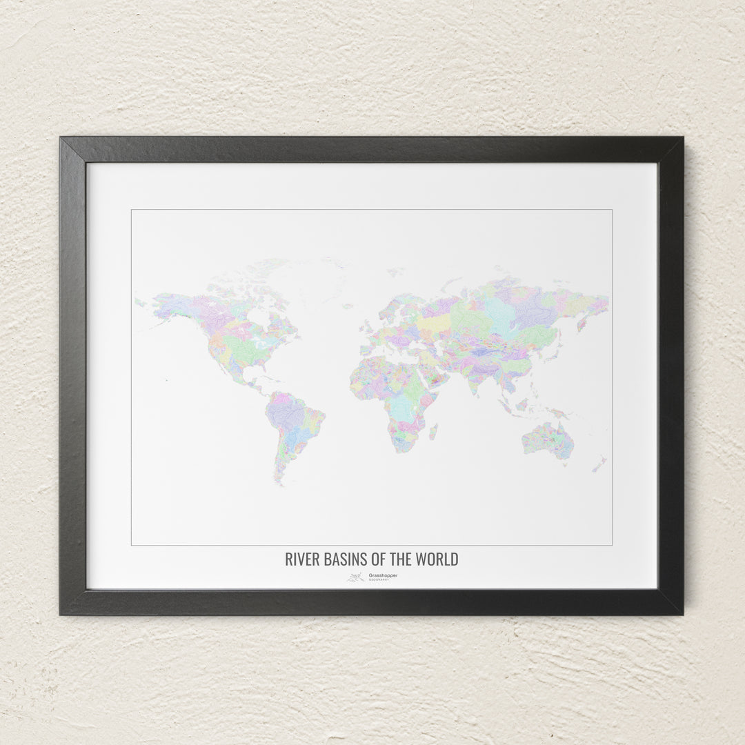 A colorful Grasshopper Geography river map on a light wall. The premium fine art poster is in a black frame with a white border. The name of the country, continent or region is printed under the image.