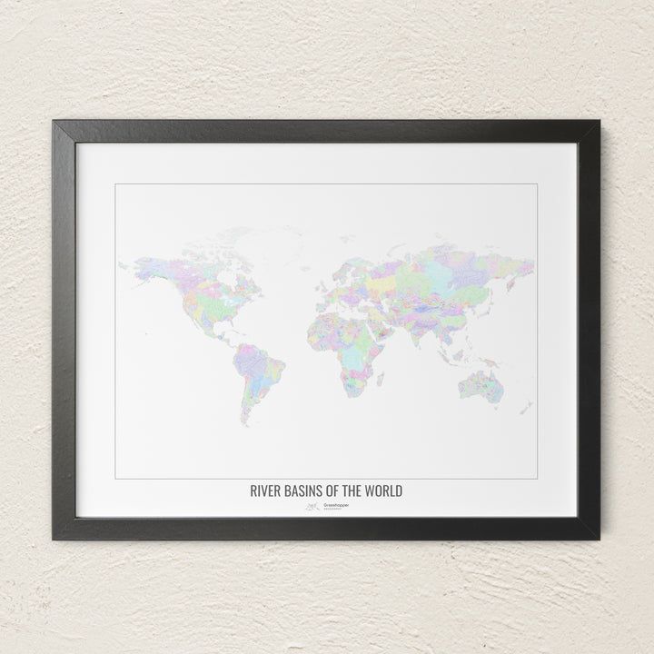 A colorful Grasshopper Geography river map on a light wall. The premium fine art poster is in a black frame with a white border. The name of the country, continent or region is printed under the image.