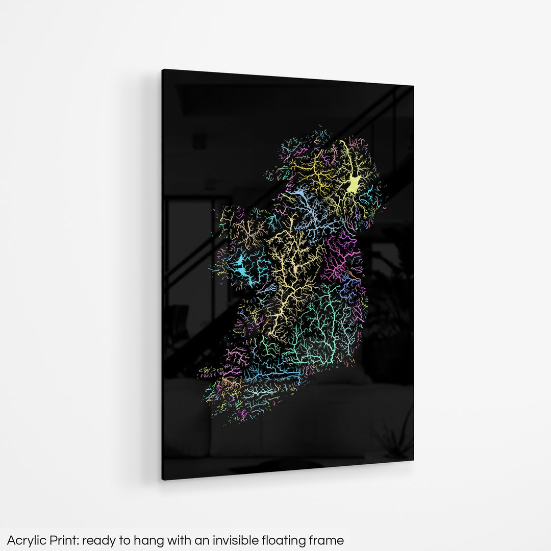 A colourful Grasshopper Geography map hanging on a white wall. The text at the bottom reads: Acrylic print - ready to hang with an invisible floating frame.