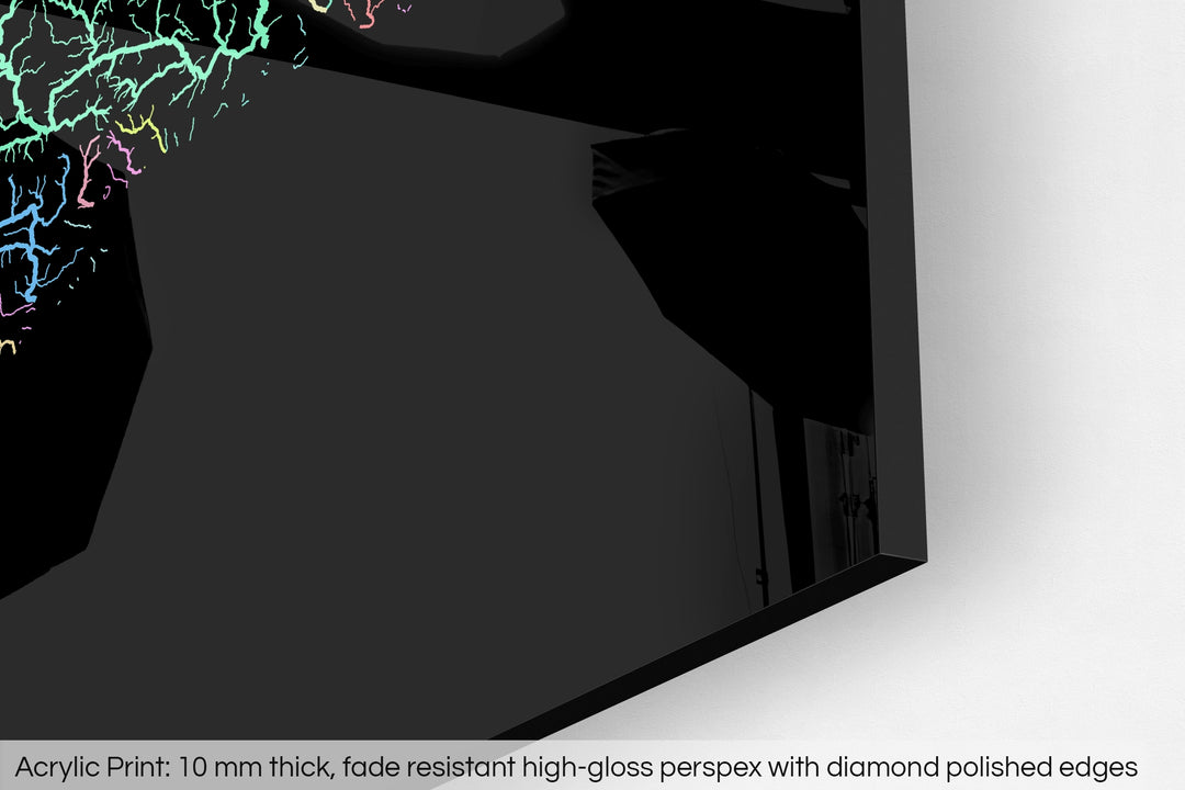 Closeup of an acrylic panel's corner, the details of a Grasshopper Geography map is visible. The text at the bottom reads: Acrylic print - 10 mm thick, fade reistant high-gloss perspex with diamond polished edges.