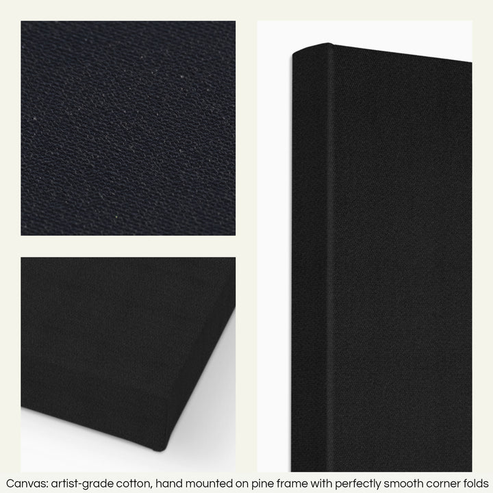 Three closeups of a stretched canvas print. The text at the bottom reads: Canvas - artist-grade cotton, hand mounted on a pine frame with perfectly smooth corner folds.