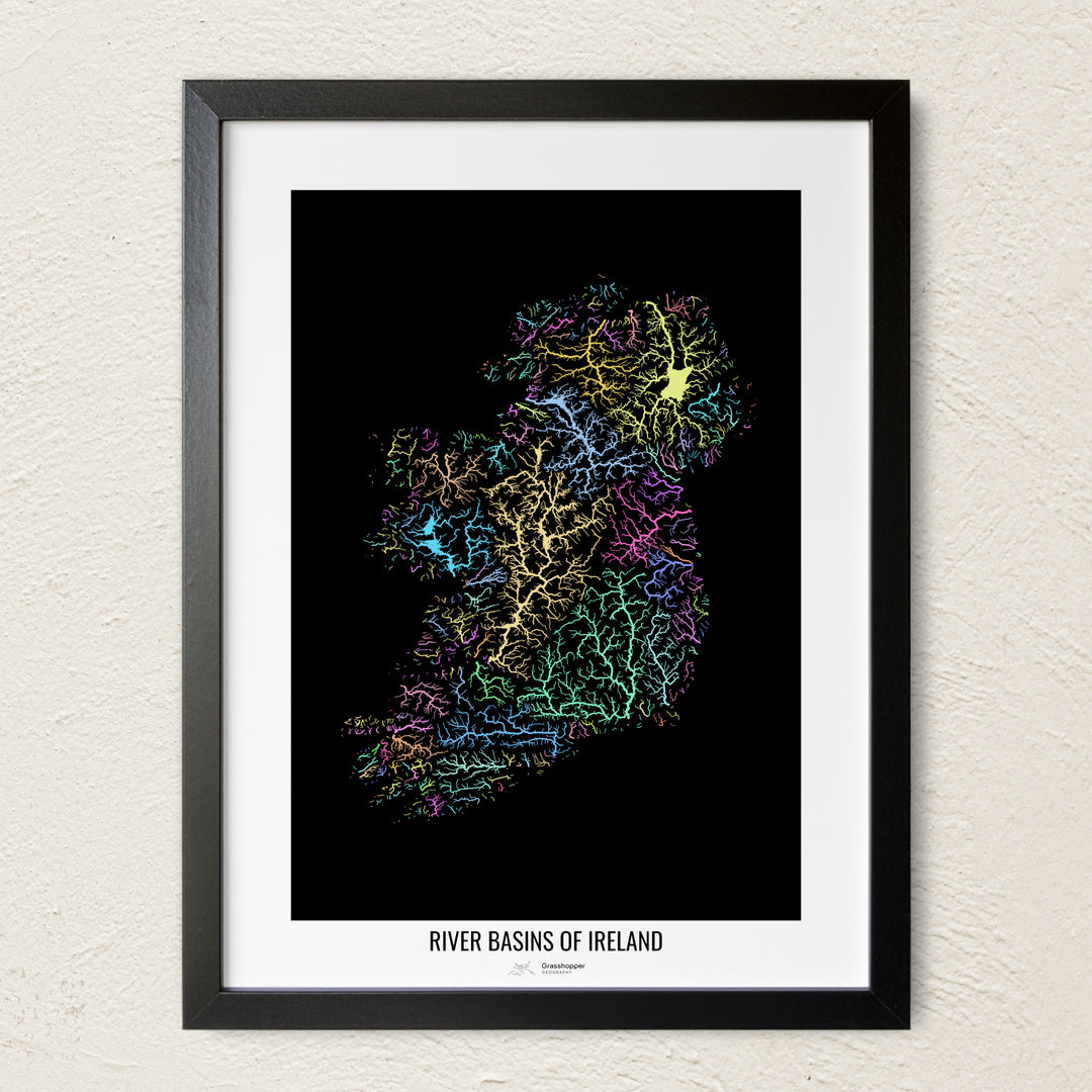 A colorful Grasshopper Geography river map on a light wall. The premium fine art poster is in a black frame with a white border. The name of the country, continent or region is printed under the image.