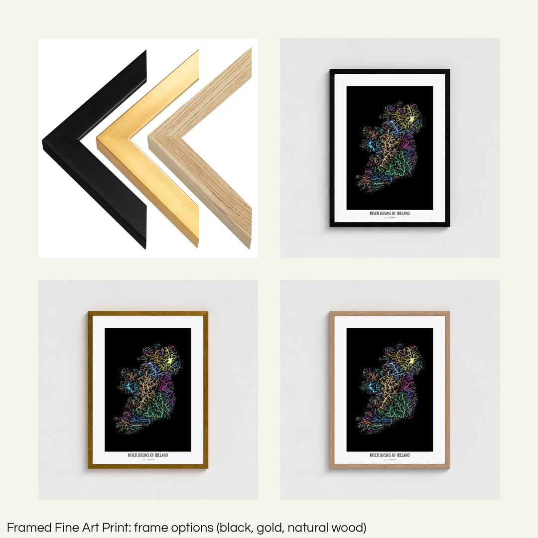 The image shows the different frames available at Grasshopper Geography's map shop: black, golden and natural wood. The image is a collection of four smaller pictures: the first one shows the wooden frames up close, the other three are mockups of the printed map in each frame.