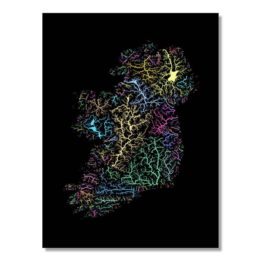 The island of Ireland - River basin map, pastel colours - Wall Art by Grasshopper Geography. Image of a high-resolution map created by geographer Robert Szucs, available as wall art and for licensing.