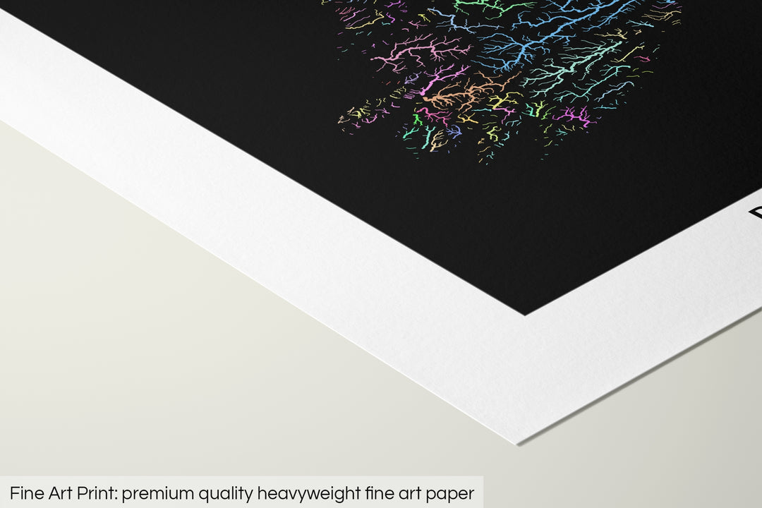 Closeup of a fine art print's corner lying on a flat surface, the details of a Grasshopper Geography map is visible. The text at the bottom reads: Fine art print - premium quality heavyweight fine art paper.