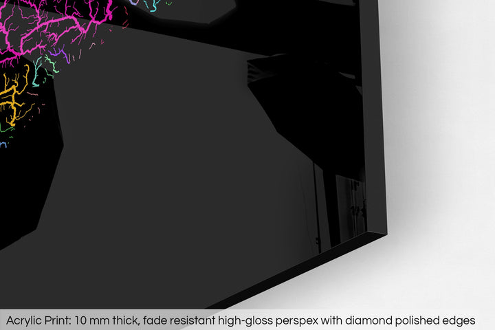 Closeup of an acrylic panel's corner, the details of a Grasshopper Geography map is visible. The text at the bottom reads: Acrylic print - 10 mm thick, fade reistant high-gloss perspex with diamond polished edges.