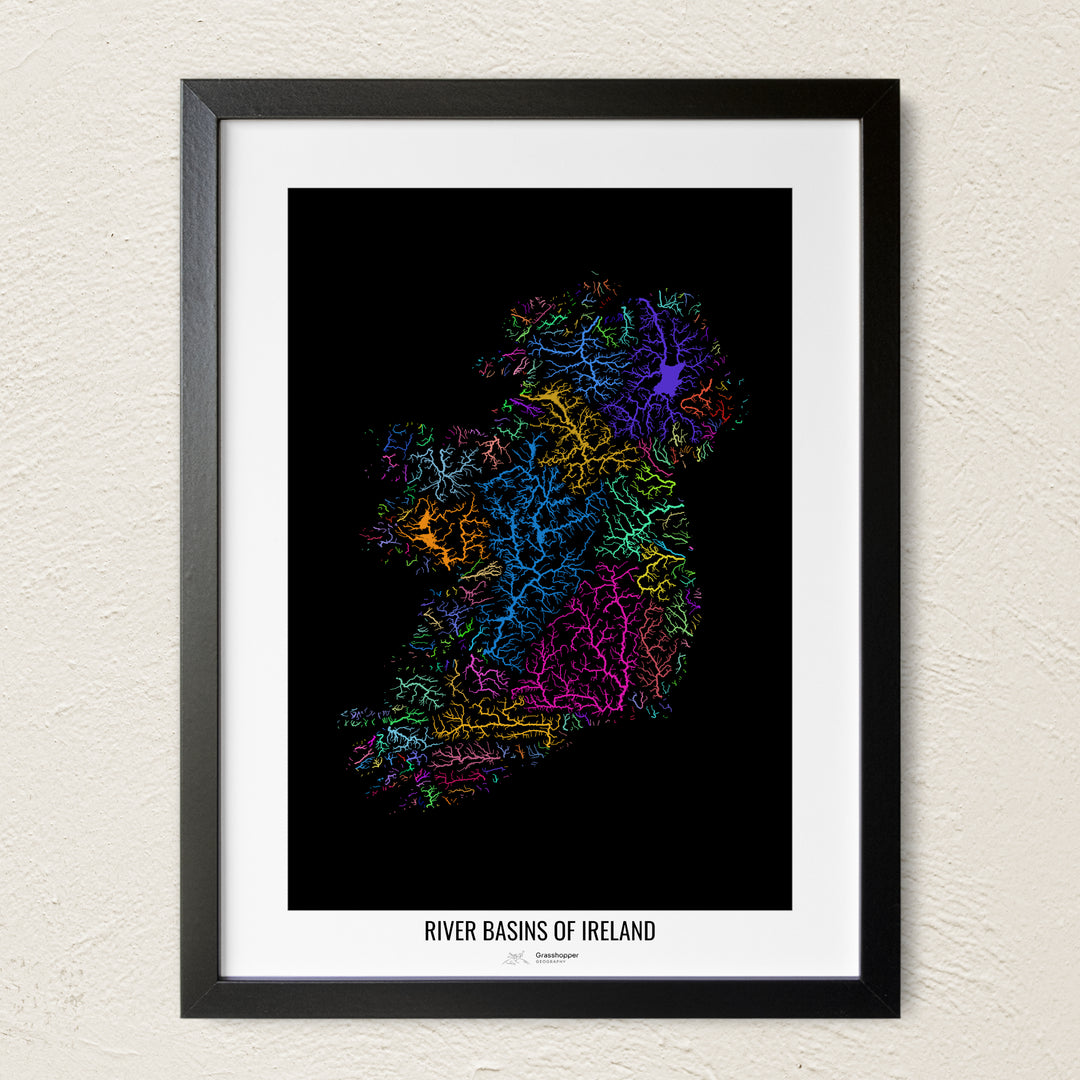 A colorful Grasshopper Geography river map on a light wall. The premium fine art poster is in a black frame with a white border. The name of the country, continent or region is printed under the image.