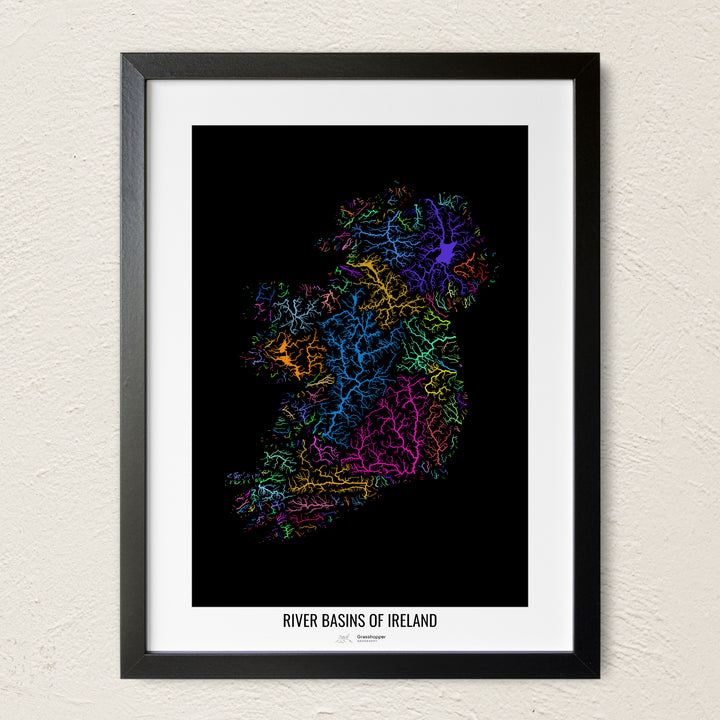 A colorful Grasshopper Geography river map on a light wall. The premium fine art poster is in a black frame with a white border. The name of the country, continent or region is printed under the image.
