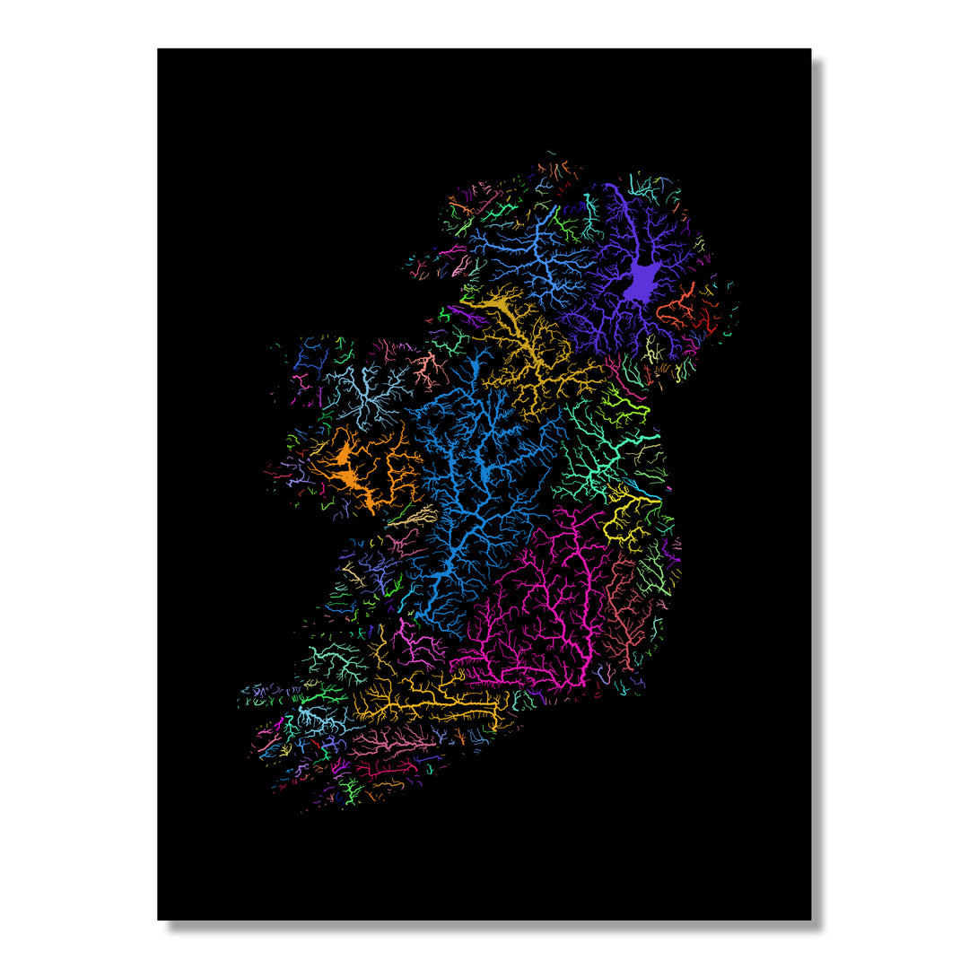 The island of Ireland - River basin map, rainbow colours - Wall Art by Grasshopper Geography. Image of a high-resolution map created by geographer Robert Szucs, available as wall art and for licensing.