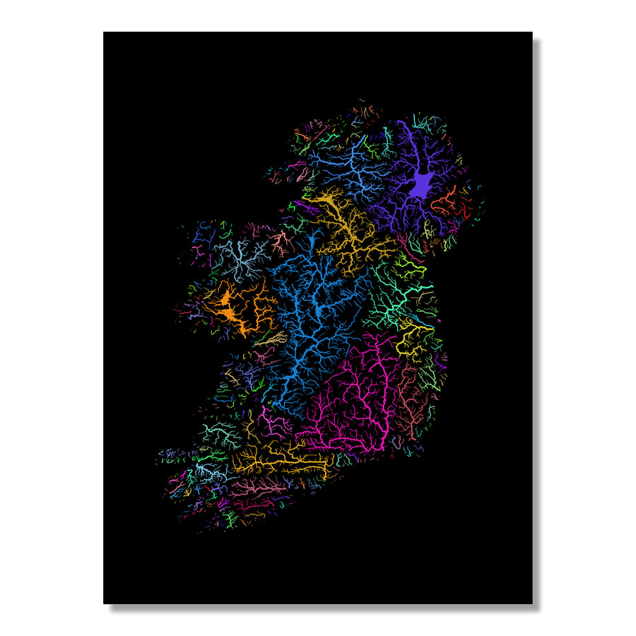 The island of Ireland - River basin map, rainbow colours - Wall Art by Grasshopper Geography. Image of a high-resolution map created by geographer Robert Szucs, available as wall art and for licensing.