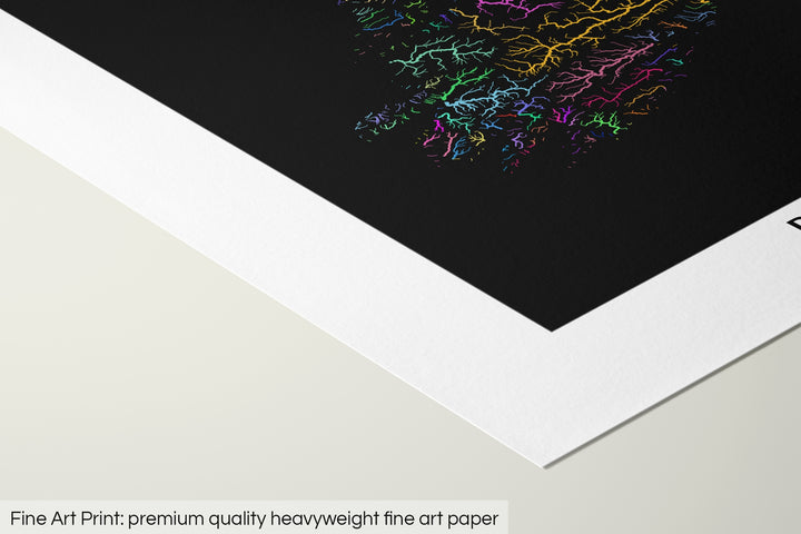 Closeup of a fine art print's corner lying on a flat surface, the details of a Grasshopper Geography map is visible. The text at the bottom reads: Fine art print - premium quality heavyweight fine art paper.