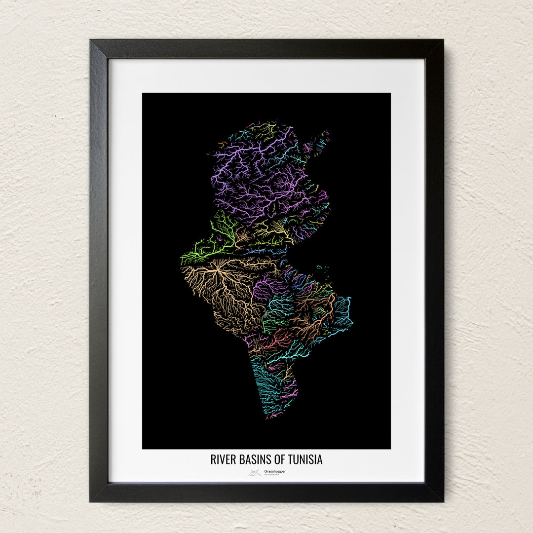 A colorful Grasshopper Geography river map on a light wall. The premium fine art poster is in a black frame with a white border. The name of the country, continent or region is printed under the image.