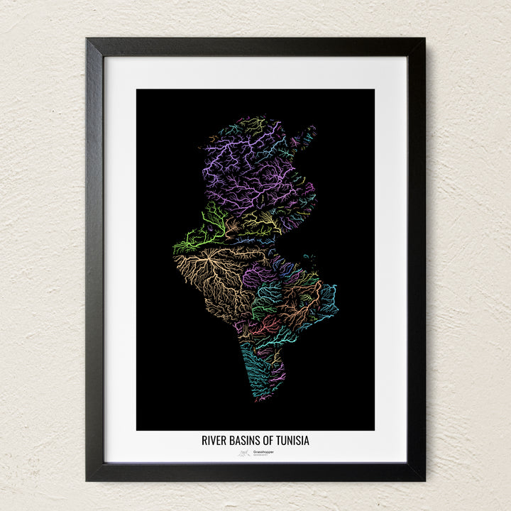 A colorful Grasshopper Geography river map on a light wall. The premium fine art poster is in a black frame with a white border. The name of the country, continent or region is printed under the image.