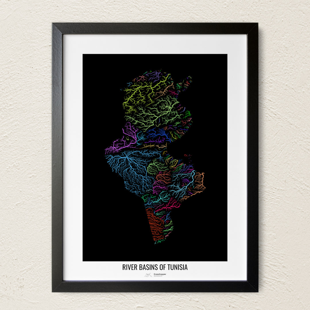 A colorful Grasshopper Geography river map on a light wall. The premium fine art poster is in a black frame with a white border. The name of the country, continent or region is printed under the image.