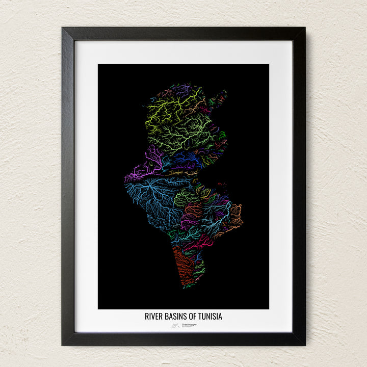A colorful Grasshopper Geography river map on a light wall. The premium fine art poster is in a black frame with a white border. The name of the country, continent or region is printed under the image.
