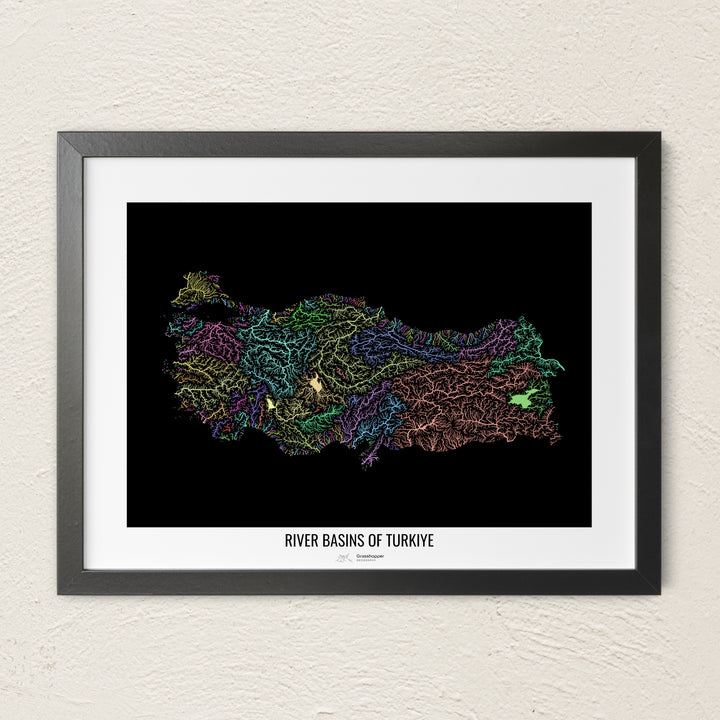 A colorful Grasshopper Geography river map on a light wall. The premium fine art poster is in a black frame with a white border. The name of the country, continent or region is printed under the image.