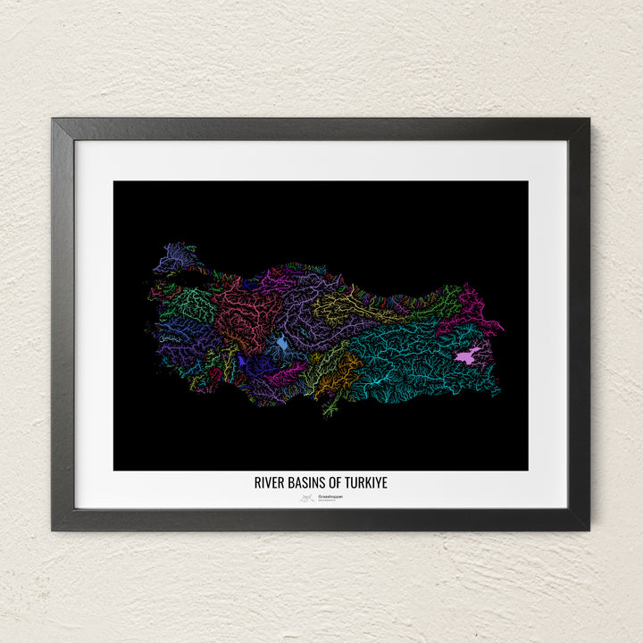 A colorful Grasshopper Geography river map on a light wall. The premium fine art poster is in a black frame with a white border. The name of the country, continent or region is printed under the image.