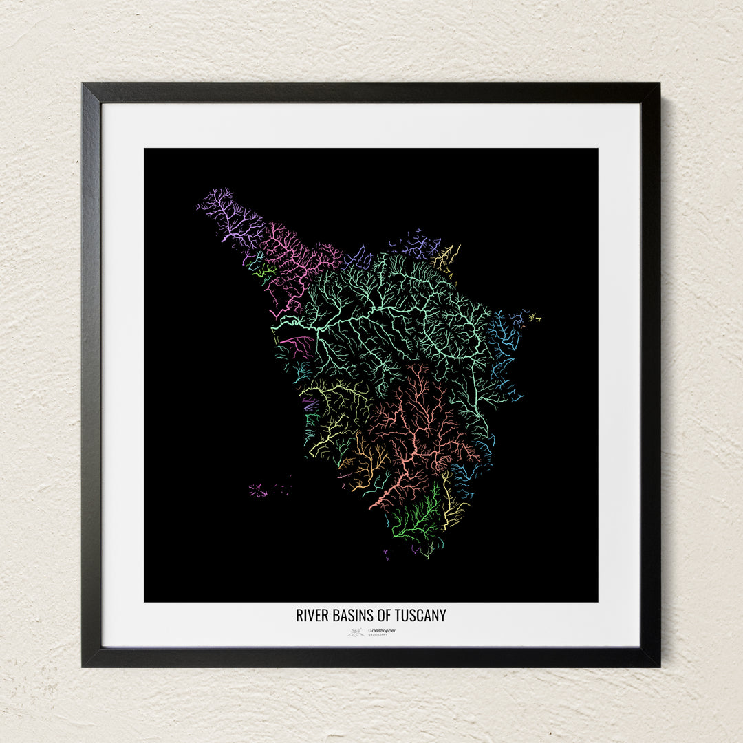 A colorful Grasshopper Geography river map on a light wall. The premium fine art poster is in a black frame with a white border. The name of the country, continent or region is printed under the image.