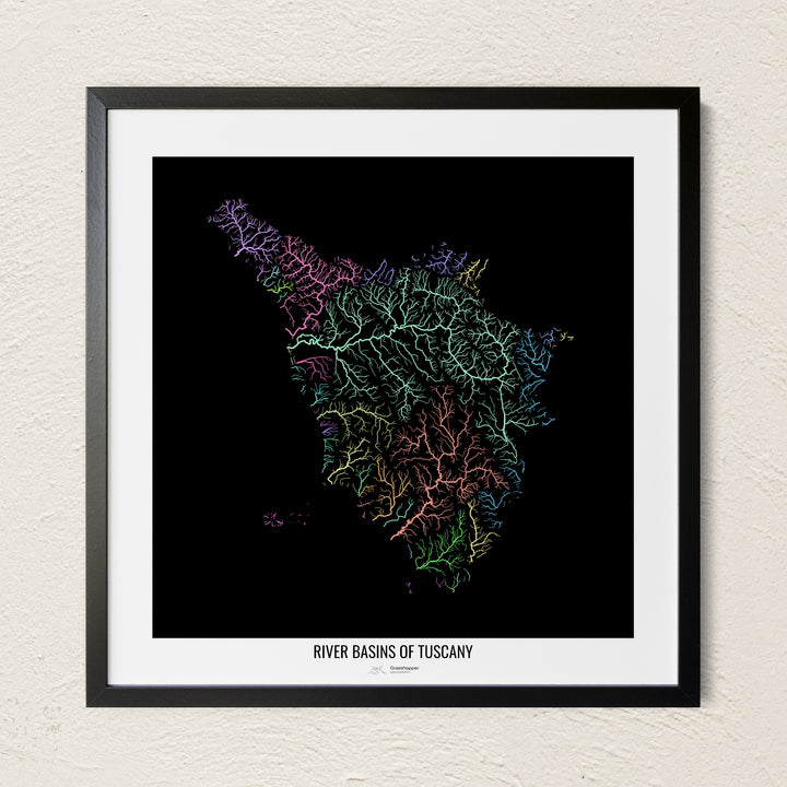 A colorful Grasshopper Geography river map on a light wall. The premium fine art poster is in a black frame with a white border. The name of the country, continent or region is printed under the image.