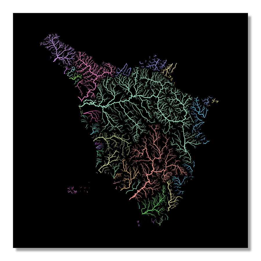 Tuscany - River basin map, pastel colours - Wall Art by Grasshopper Geography. Image of a high-resolution map created by geographer Robert Szucs, available as wall art and for licensing.