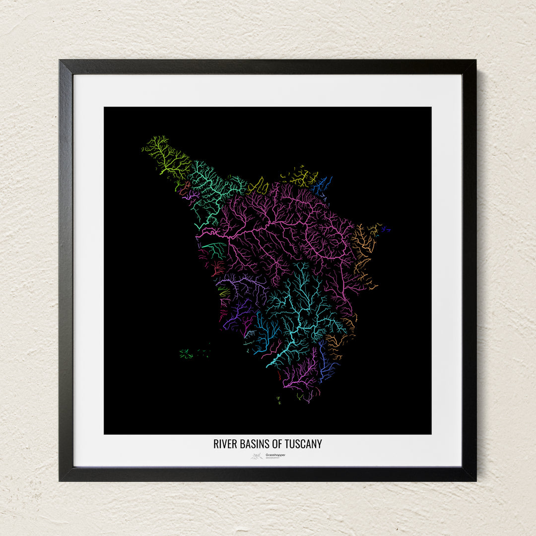 A colorful Grasshopper Geography river map on a light wall. The premium fine art poster is in a black frame with a white border. The name of the country, continent or region is printed under the image.