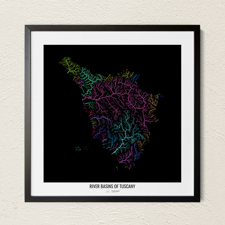 A colorful Grasshopper Geography river map on a light wall. The premium fine art poster is in a black frame with a white border. The name of the country, continent or region is printed under the image.