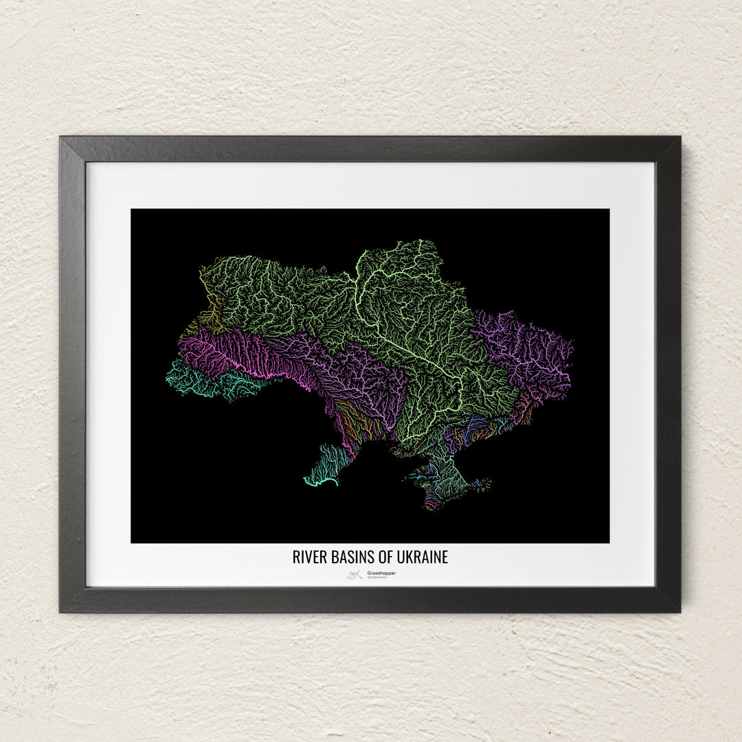 A colorful Grasshopper Geography river map on a light wall. The premium fine art poster is in a black frame with a white border. The name of the country, continent or region is printed under the image.