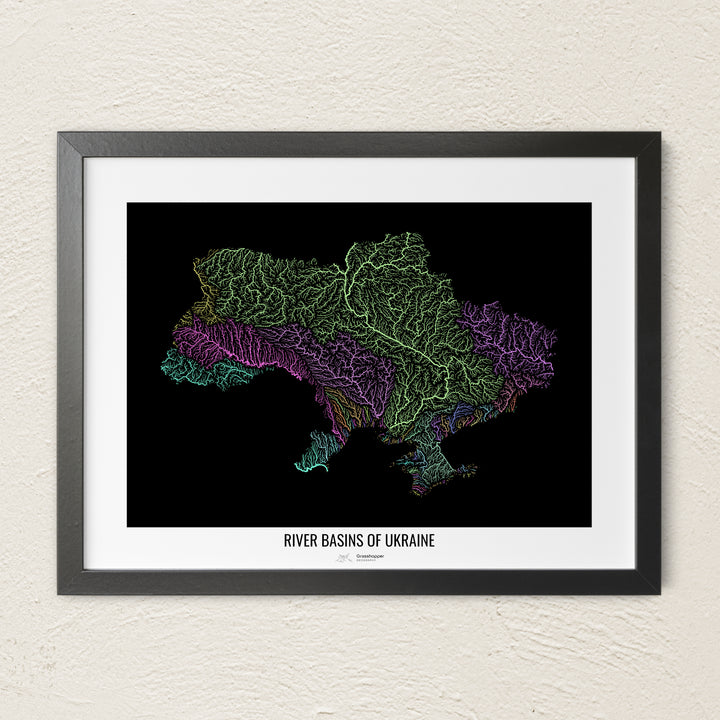 A colorful Grasshopper Geography river map on a light wall. The premium fine art poster is in a black frame with a white border. The name of the country, continent or region is printed under the image.