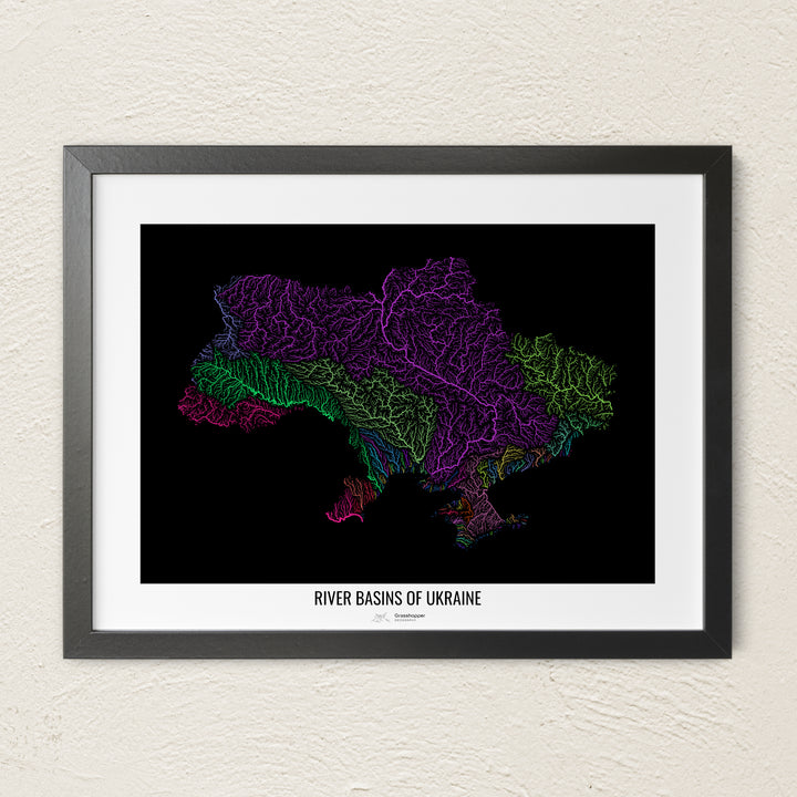 A colorful Grasshopper Geography river map on a light wall. The premium fine art poster is in a black frame with a white border. The name of the country, continent or region is printed under the image.