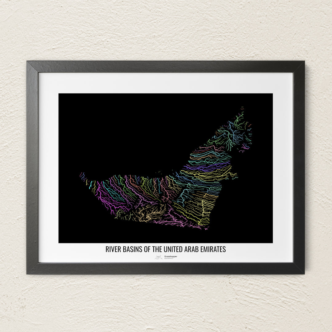 A colorful Grasshopper Geography river map on a light wall. The premium fine art poster is in a black frame with a white border. The name of the country, continent or region is printed under the image.