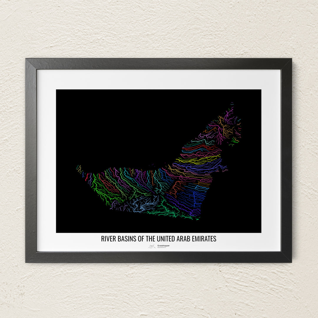 A colorful Grasshopper Geography river map on a light wall. The premium fine art poster is in a black frame with a white border. The name of the country, continent or region is printed under the image.
