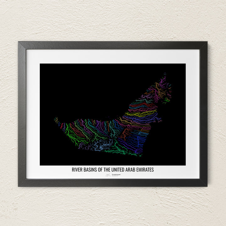 A colorful Grasshopper Geography river map on a light wall. The premium fine art poster is in a black frame with a white border. The name of the country, continent or region is printed under the image.