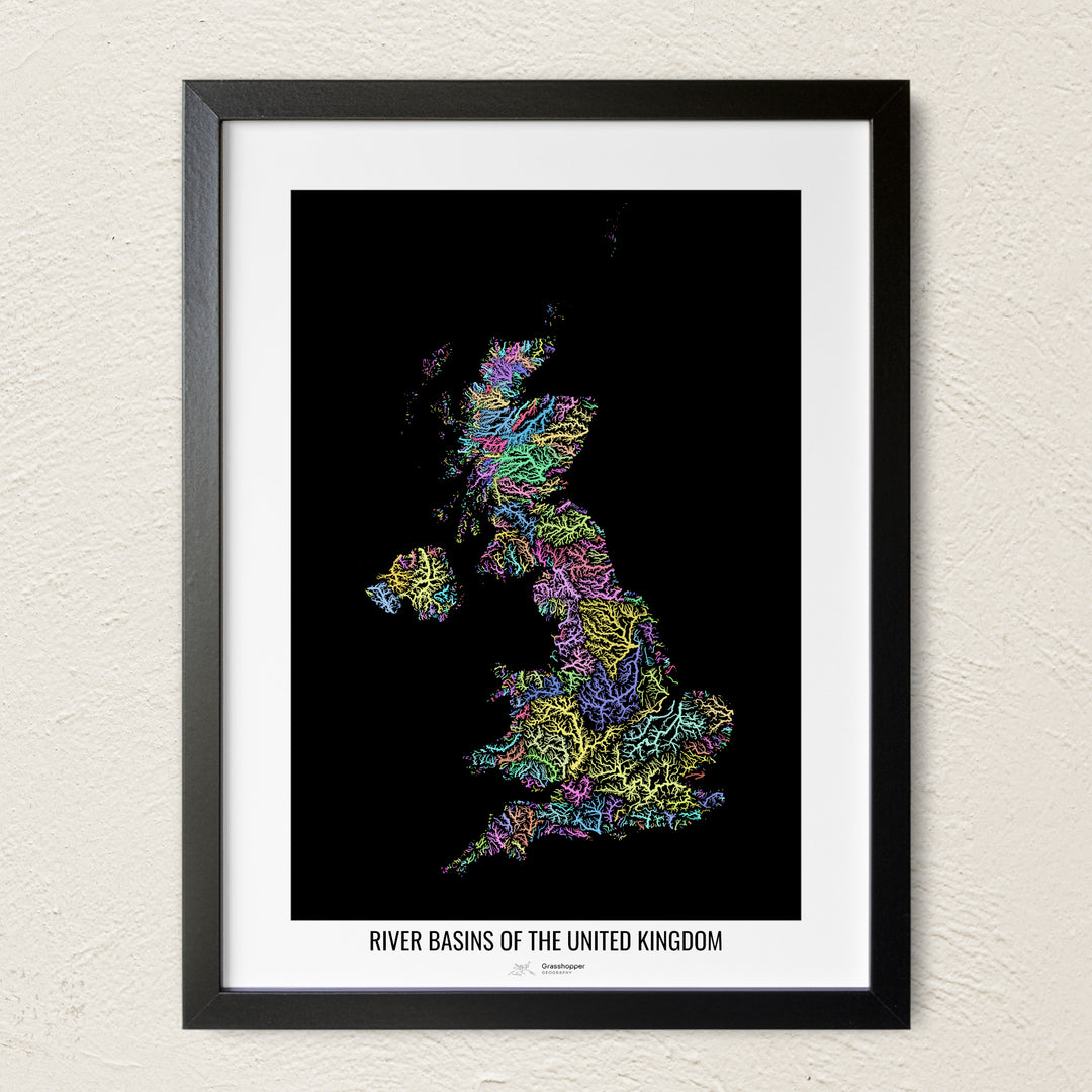 A colorful Grasshopper Geography river map on a light wall. The premium fine art poster is in a black frame with a white border. The name of the country, continent or region is printed under the image.