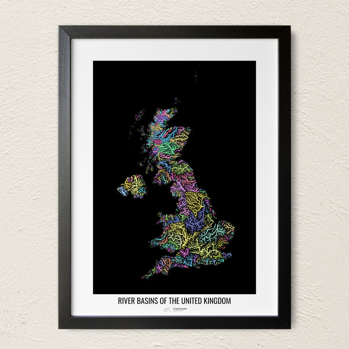 A colorful Grasshopper Geography river map on a light wall. The premium fine art poster is in a black frame with a white border. The name of the country, continent or region is printed under the image.