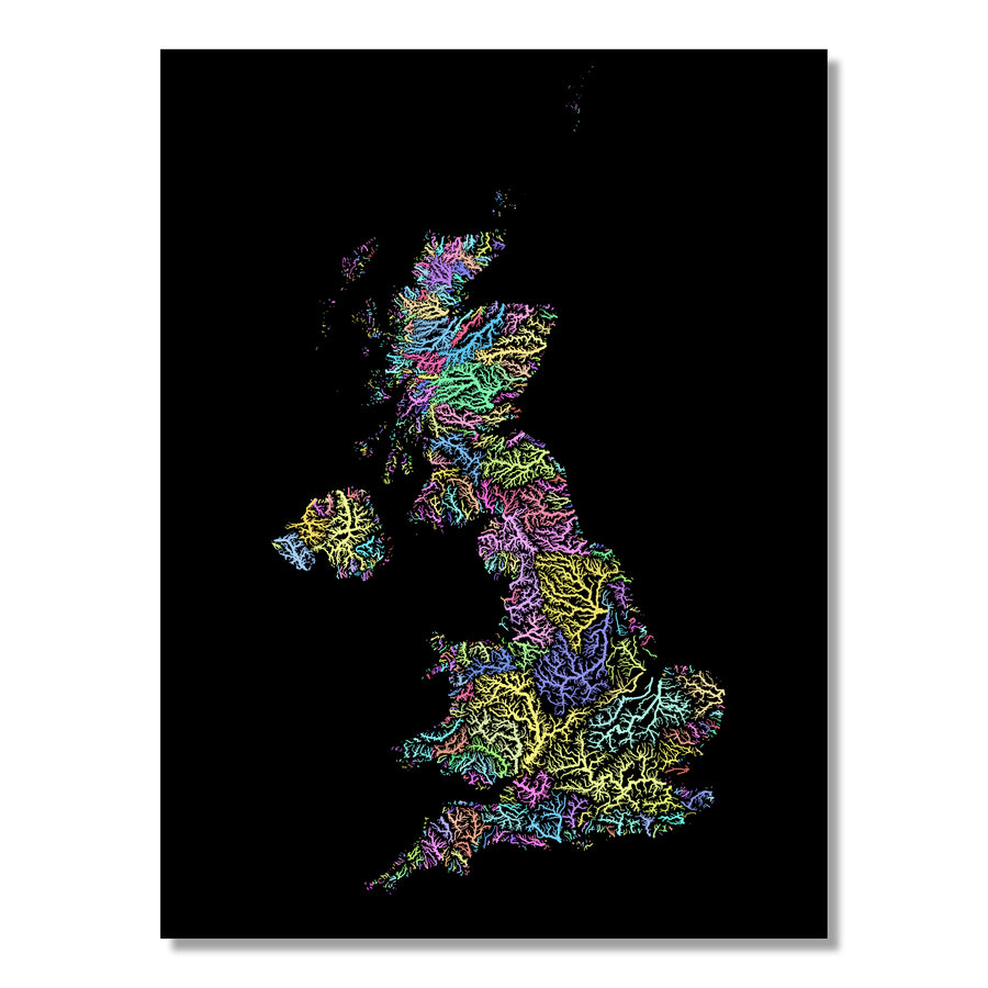 United Kingdom - River basin map, pastel colours - Wall Art by Grasshopper Geography. Image of a high-resolution map created by geographer Robert Szucs, available as wall art and for licensing.