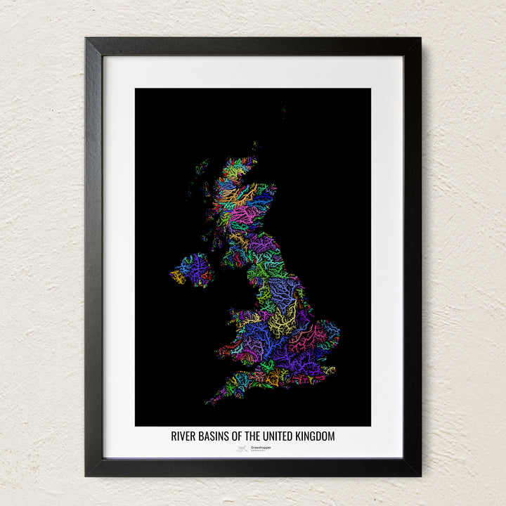 A colorful Grasshopper Geography river map on a light wall. The premium fine art poster is in a black frame with a white border. The name of the country, continent or region is printed under the image.