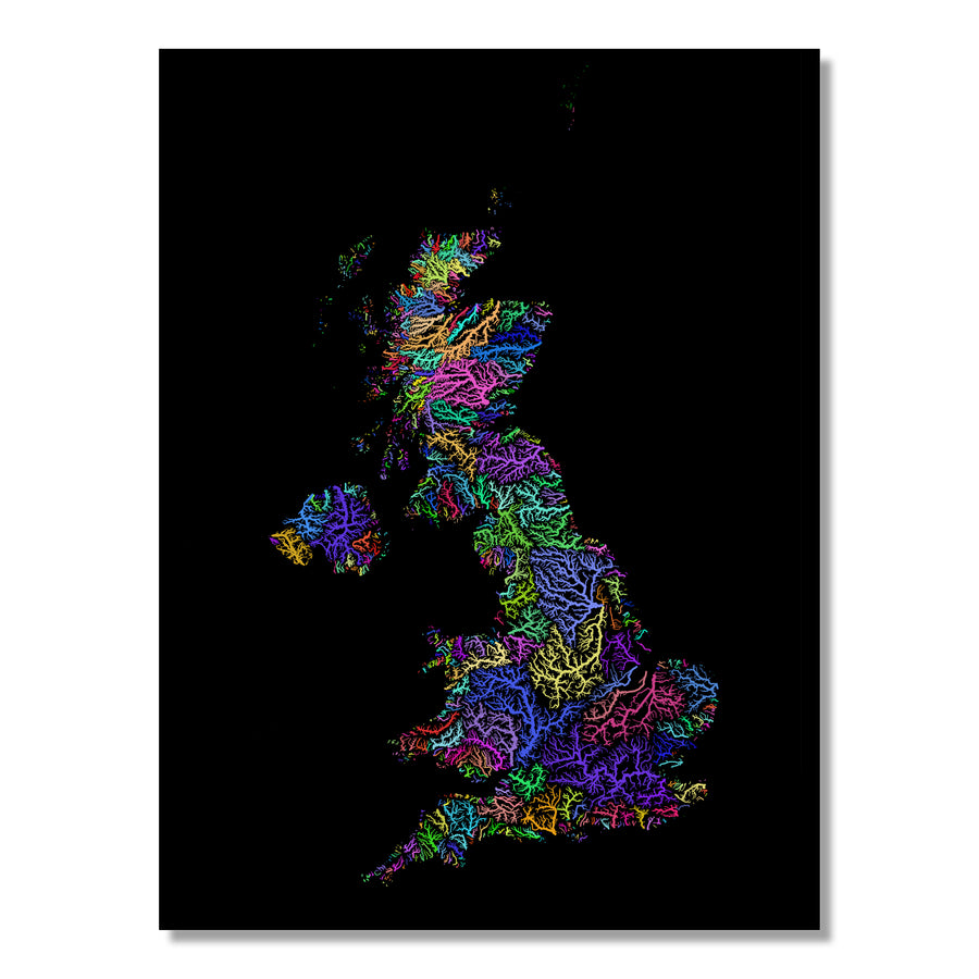 United Kingdom - River basin map, rainbow colours - Wall Art by Grasshopper Geography. Image of a high-resolution map created by geographer Robert Szucs, available as wall art and for licensing.