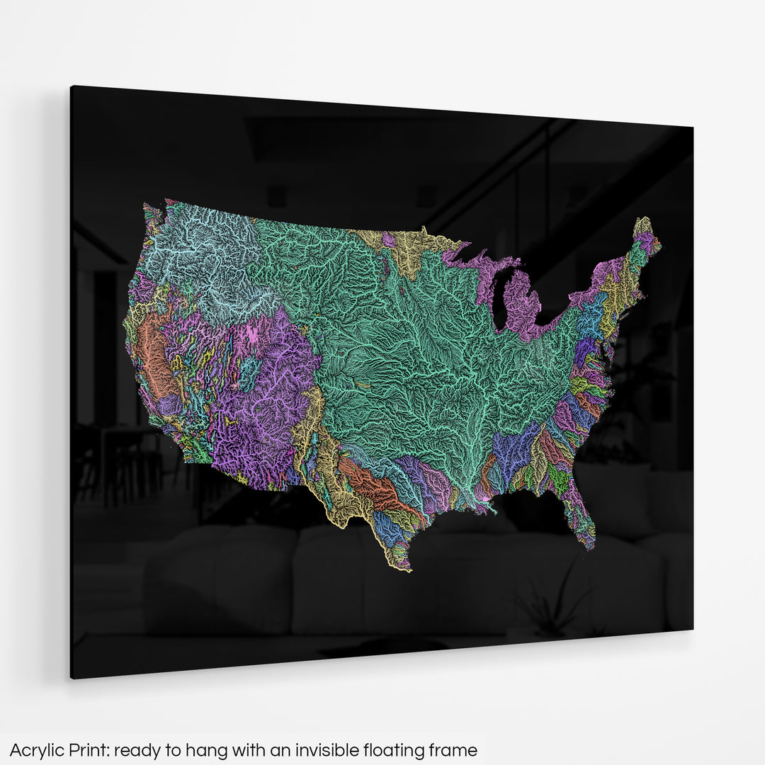 A colourful Grasshopper Geography map hanging on a white wall. The text at the bottom reads: Acrylic print - ready to hang with an invisible floating frame.