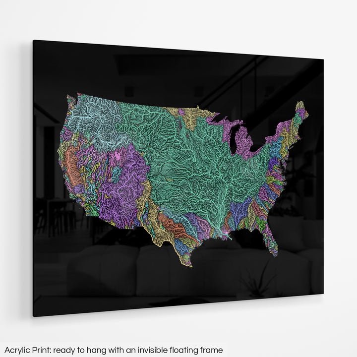 A colourful Grasshopper Geography map hanging on a white wall. The text at the bottom reads: Acrylic print - ready to hang with an invisible floating frame.